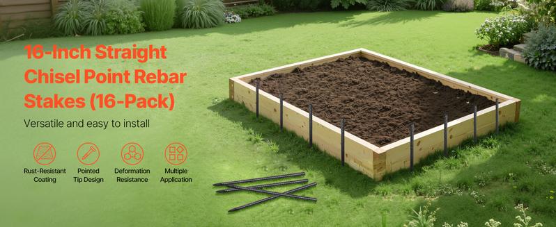 VEVOR Rebar Stakes, 16-Inch, Heavy-Duty 0.45 in Diameter, Straight Galvanized Steel Ground Anchors with Chisel Point End & Rust-Resistant Coating, for Gardening Support, Fence, Camping Tents (16-Pack)