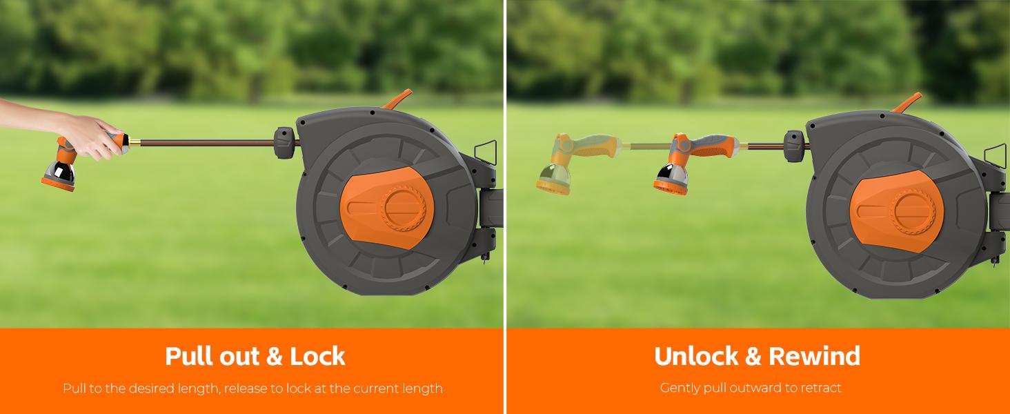 Retractable Garden Hose Reel 100 FT, 1/2" Heavy Duty Garden Hose 435 PSI Burst Pressure, Wall Mounted Water Hose Reel with 10-Pattern Nozzle, 180 °   Swivel, Slow Auto Rewind & Any Length Lock