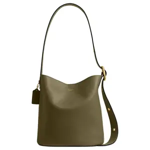COACH Bleecker 28 Leather Bucket Bag for Women – Large, Gold-Tone Hardware, Tan and Olive Color Block