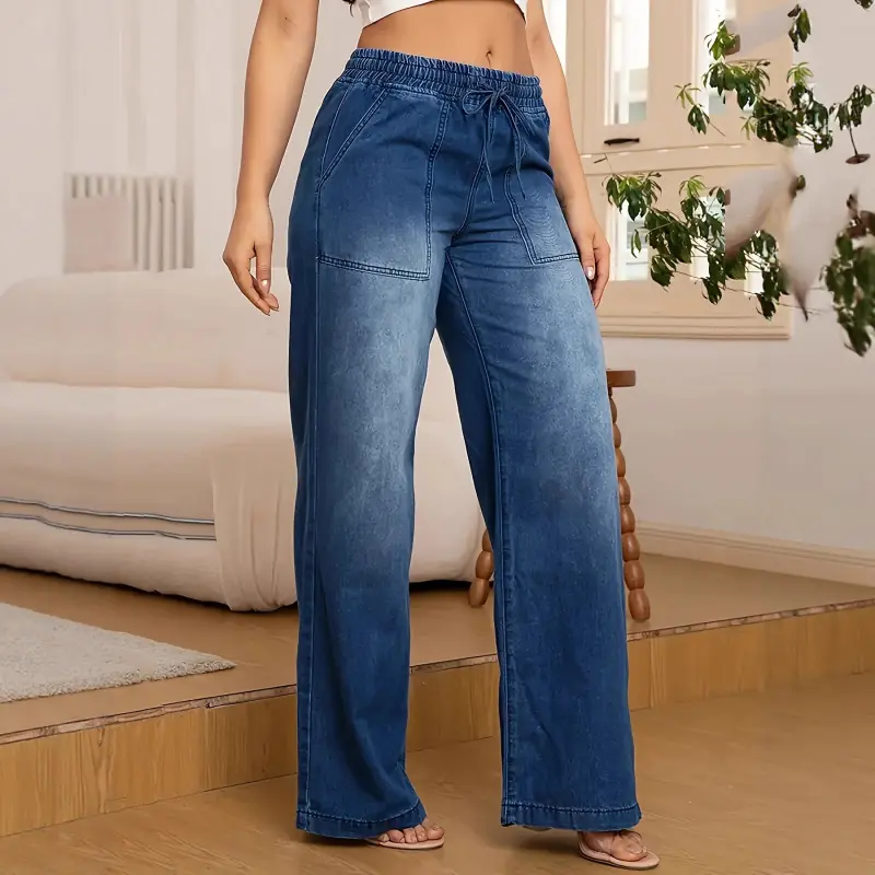 Women's Mid-Waist Casual Straight Wide-Leg Elastic Waist Jeans, Stretch Bottoms with Drawstring Trousers, Plus Size, Stretch Denim, 1Xl, Fashion, Ultra Wide Leg Jeans, 2Xl, 3Xl, Basic, Pants