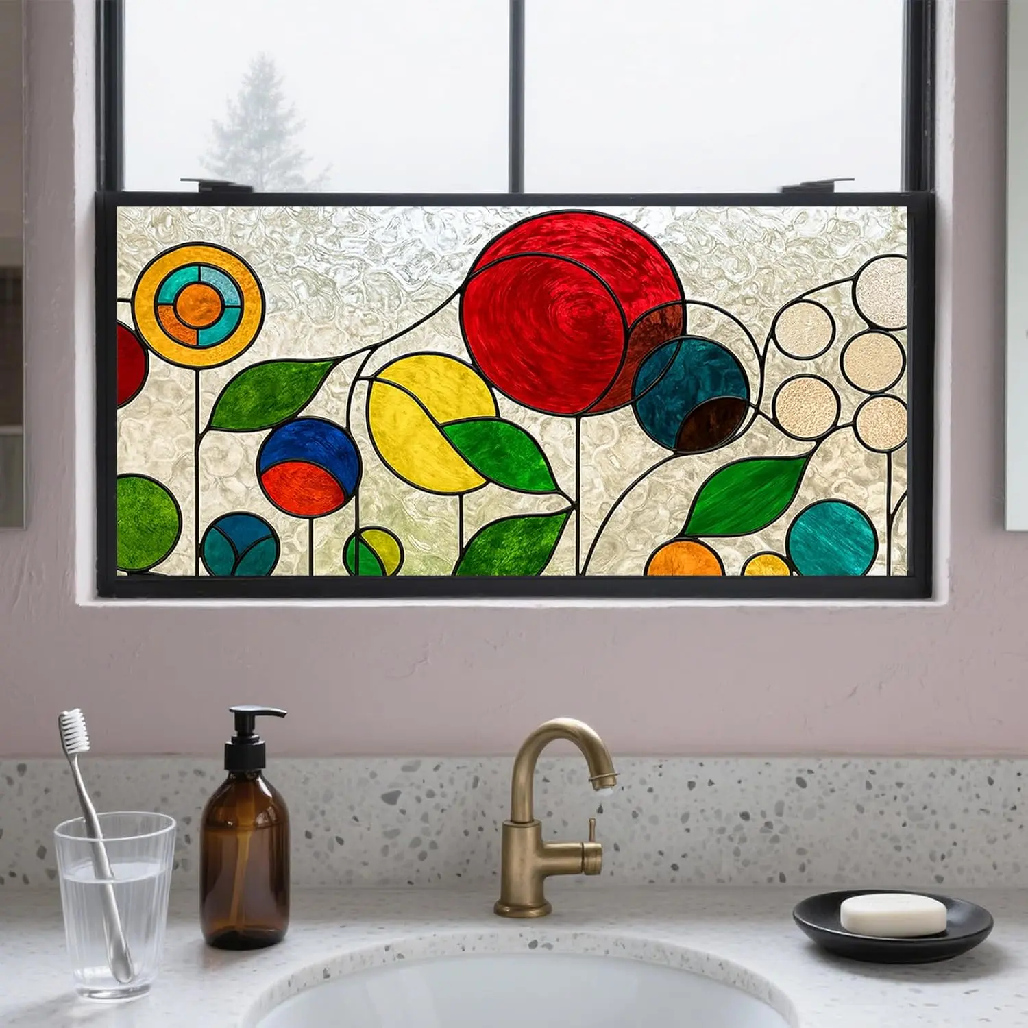 Stained Glass Window Film Colorful Abstract Circles Window  Film | 39.3x17.7 inch Stained  Static Cling Sun Blocking Decor for  Office Windows Door Glass Partitions