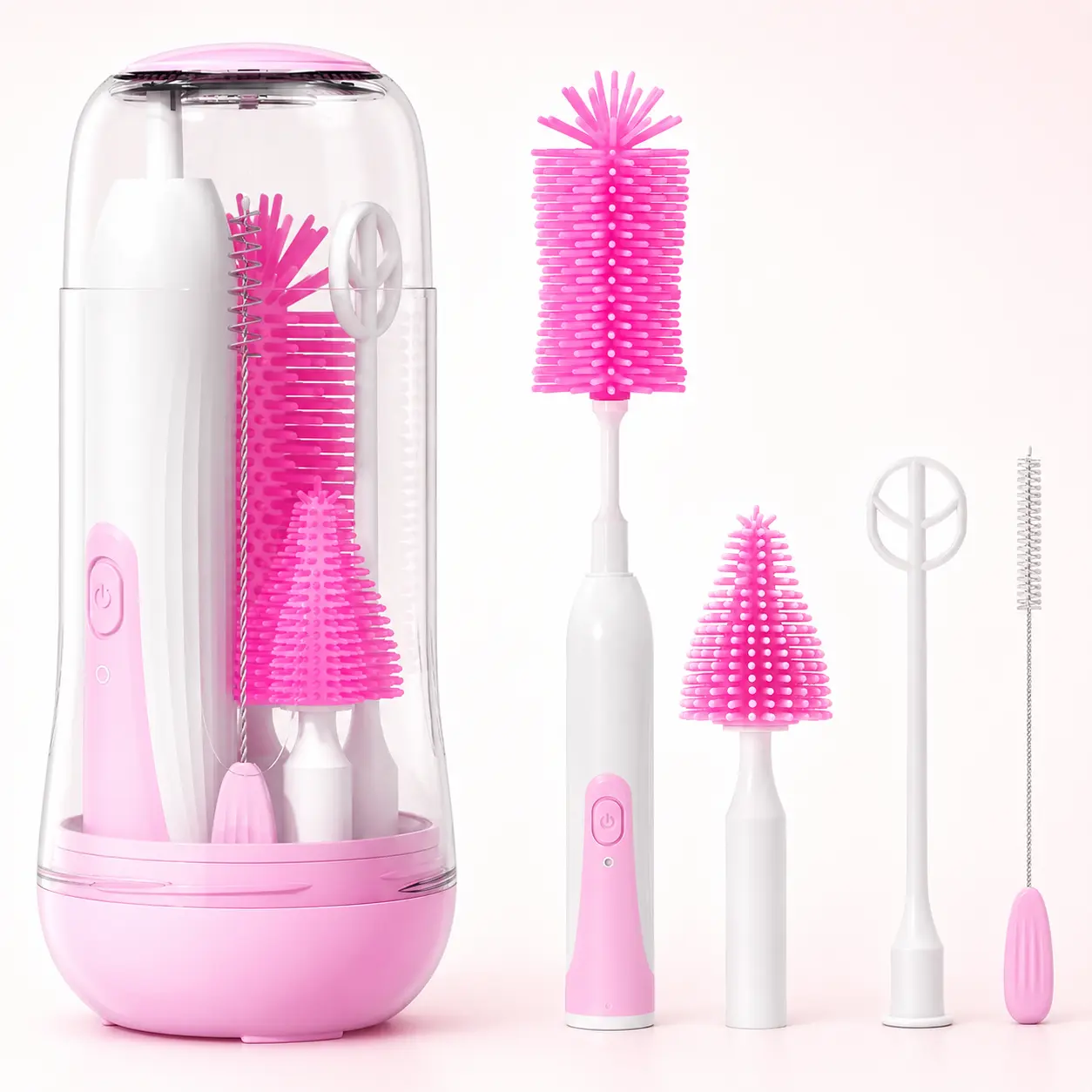 7-in-1 Electric Baby Bottle Brush Cleaner, Rechargeable USB-C Silicone Bottle Cleaning Kit with Nipple & Straw Brushes, Drying Rack and Travel Case