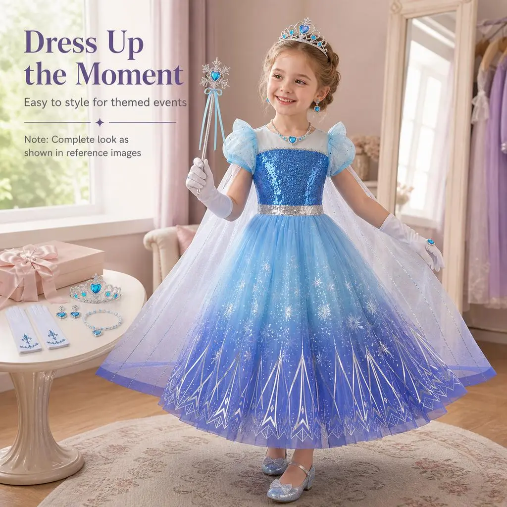 Girls' Princess Elsa-Style Short-Sleeve Tulle Lace Gown with Full Accessory Kit for Halloween, Cos-Party