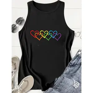 Rainbow Interlocking Hearts Print Tank Top, LGBTQ Pride Casual Men Women Streetwear Sleeveless Top