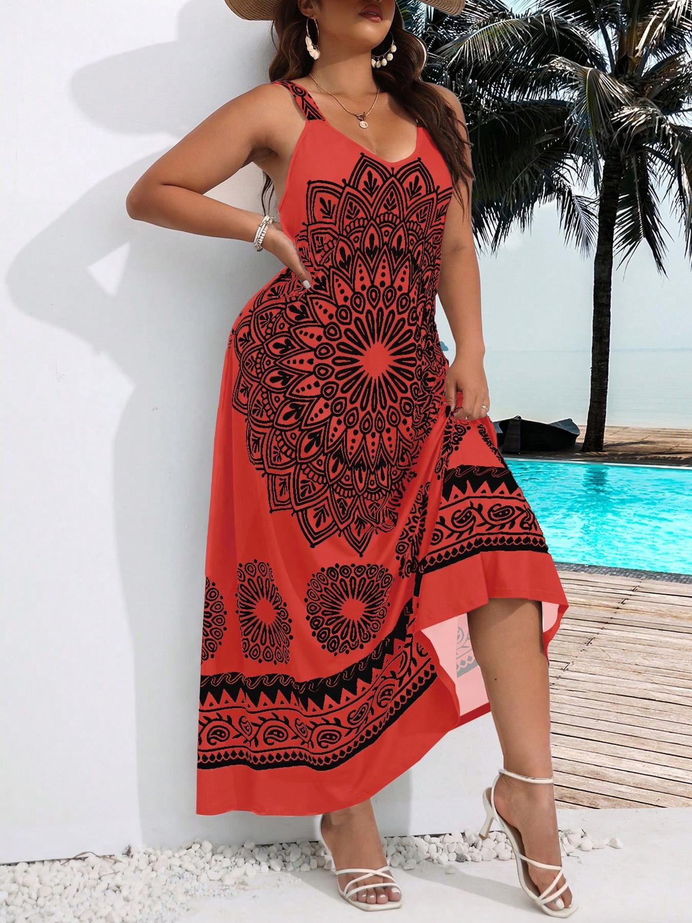 Plus Size Ethnic Pattern Backless Scoop Neck Cami Fitted Dress, Casual Boho Fashion Sleeveless A Line Long Dress for Beach Holiday Vacation, Women's Plus Clothing for Summer