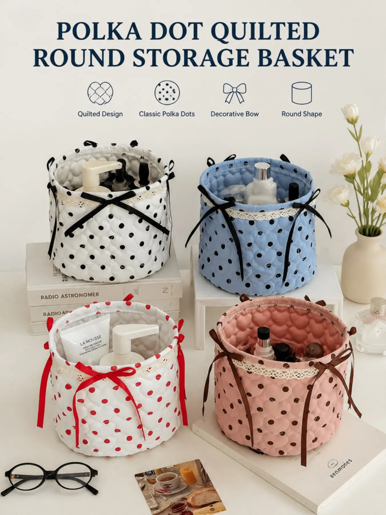 Large Polka Dot Heart Storage Basket, Lace Bow Fabric Bucket, Desktop Cosmetics Underwear Organizer, Cute Style, All Seasons