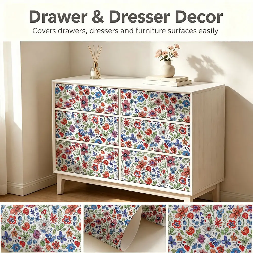 Hand-Painted Floral Wallpaper Roll, PVC Material, Self-Adhesive, Moisture-Proof, Ideal for Living Room, Kitchen, Bedroom Decor