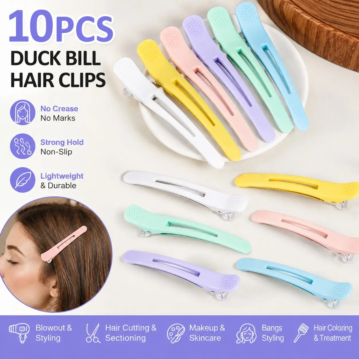 10pcs Hair Sectioning Clips No Crease Duck Bill Hair Clips for Bangs Styling, Strong Hold Hair Grips for Curl Setting, Blowout Volume, Hair Cutting, Coloring & Makeup,Non-Slip Salon Hair Clips for Women,Dry Hair Styling Accessories for Home & Professional
