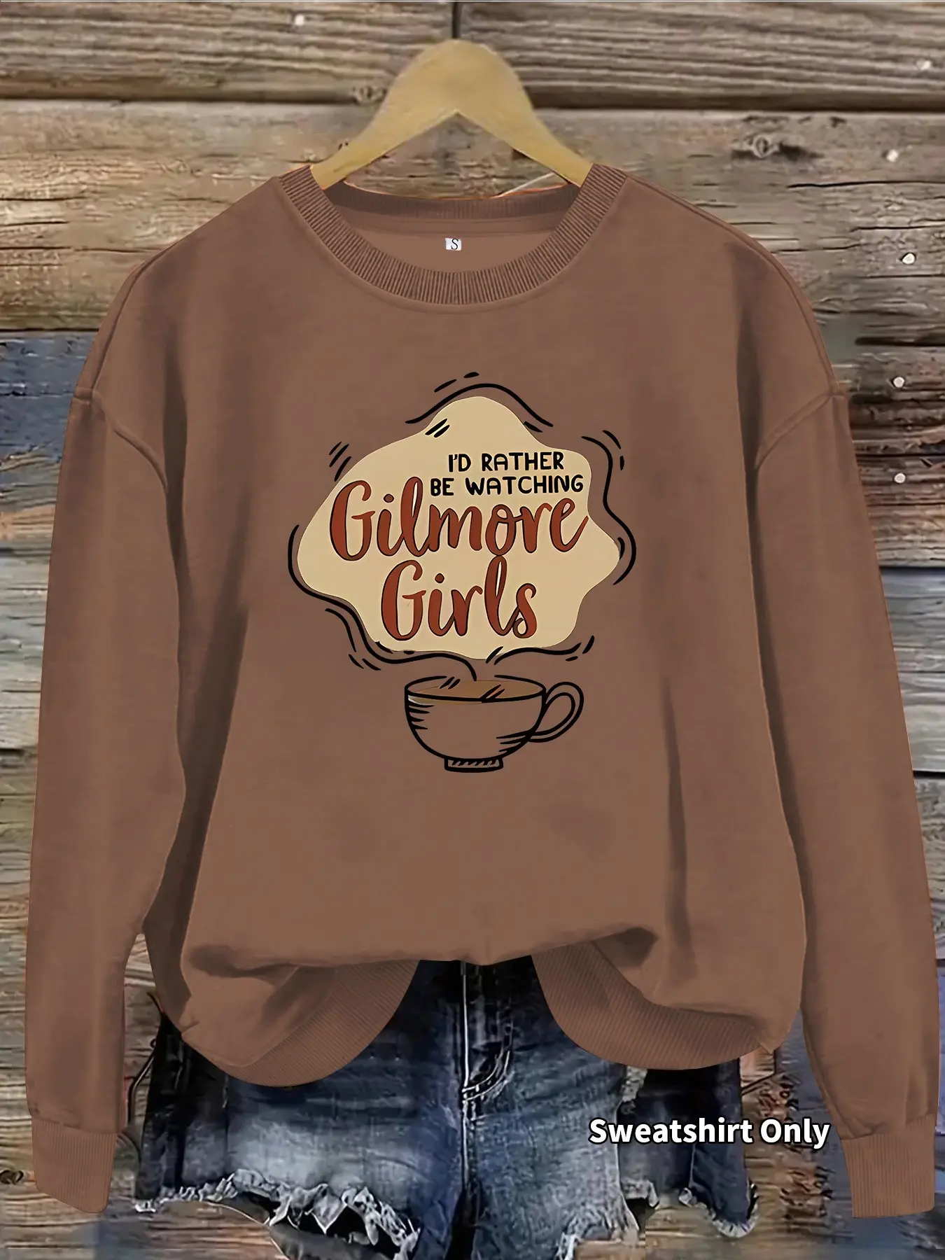 Women's Casual Baggy Coffee Cup Graphic Sweatshirt, Soft Long Sleeve Round Neck, Fall & Winter Comfort, Durable Fabric