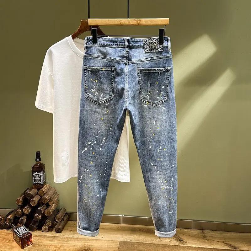 Men's Faionable Ripped Denim Jeans Elastic Slim Fit Casual Nine-Piece Pants Low Waist Zipper Closure Busin Casual Sle