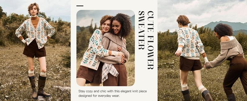 Saodimallsu Womens Floral Print V Neck Cardigan Open Front Button Down Knit Sweater Long Sleeve Loose Fashion Tops