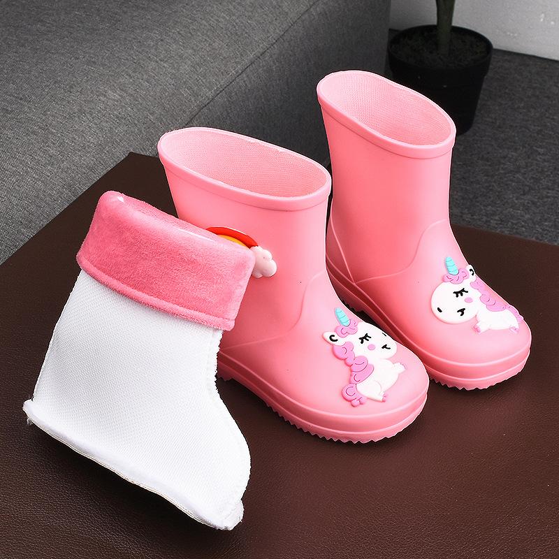 Children's Rain Boots Girls' Elastic Cuff Fleece-Lined Boys' Non-Slip Water Shoes Four Seasons Cartoon Cute Princess Rain Boots Kids' Rain Shoes