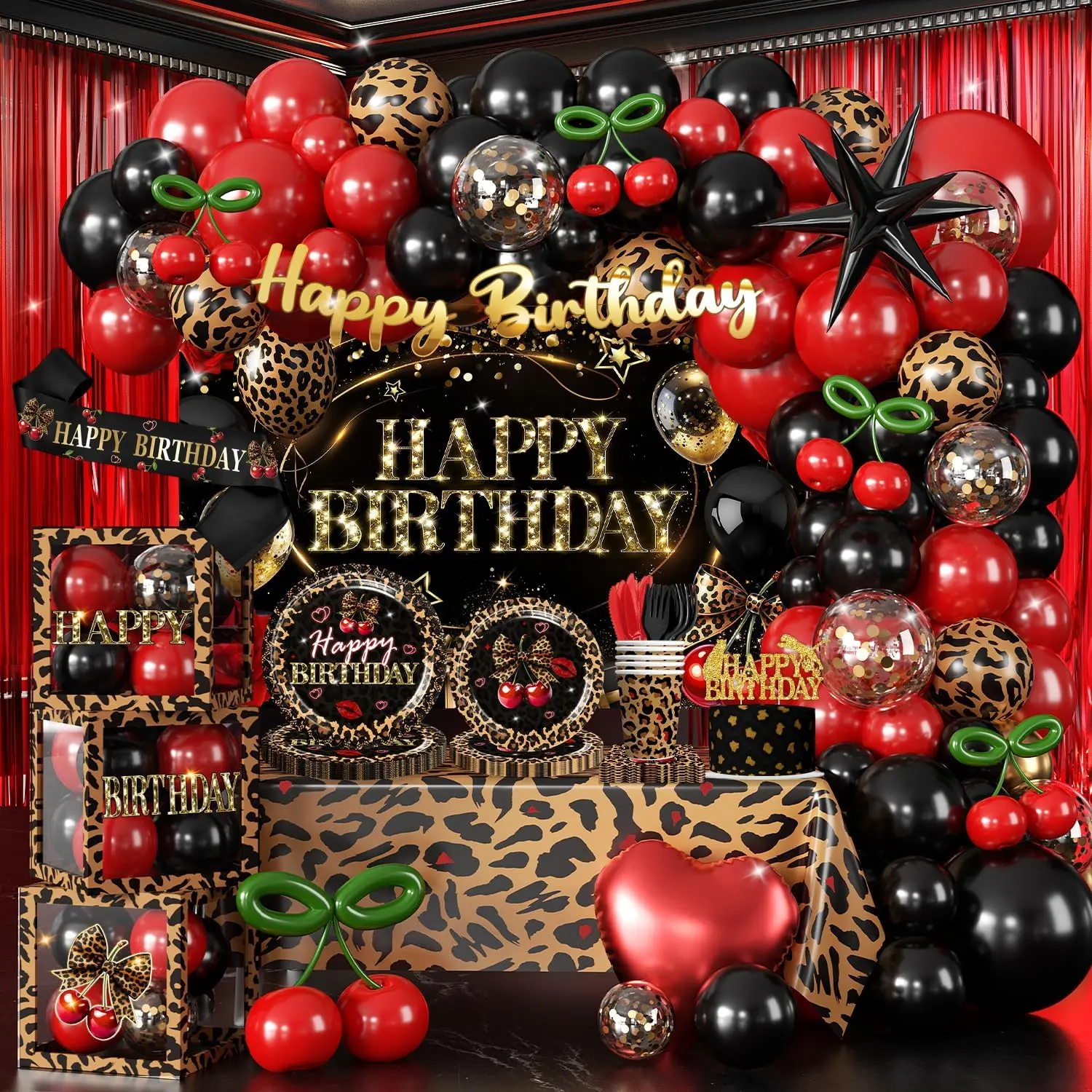 261pcs Cheetah Print Birthday Decorations, One-stop Set for 25 People, Includes 350gsm Plates Pre‑threaded Banner Backdrop and Tablecloths, Cheetah and Cherry Birthday Decorations for Female