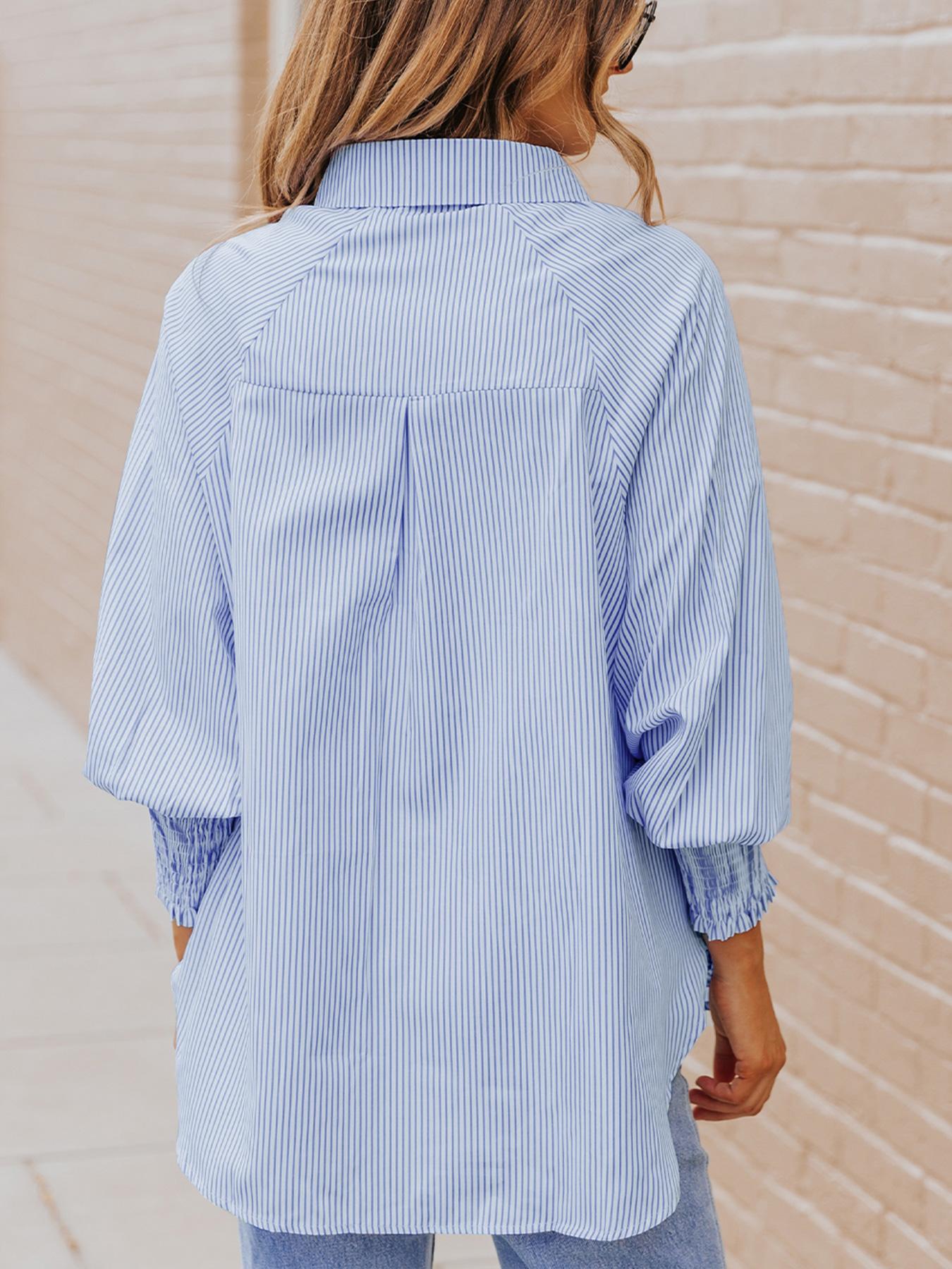 Women's Striped Print Shirred Bishop Sleeve High Low Curved Hem Blouse, Casual Long Sleeve Button Front Pocket Collared Top for Spring & Fall, Women's Clothing for Daily Wear, Summer Tops, Womenswear