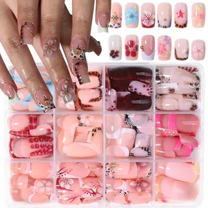 288pcs Short Square 3D Gel Nail Set, Mixed Colors, Easy Wear, Perfect for Summer, French Acrylic Press-On Nails, Women & Girls, Nail Art Kit