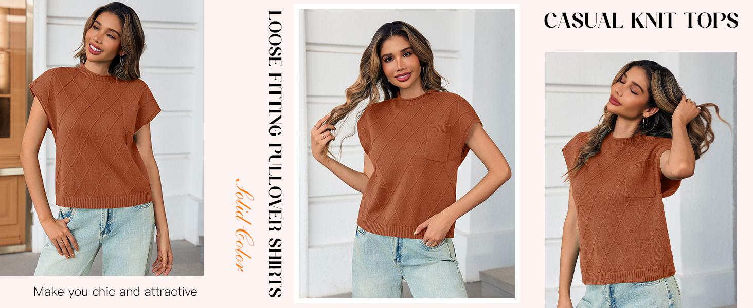 Saodimallsu Women's Mock Neck Cap Sleeve Sweater Vest Soft Lightweight Knit Tops for Summer & Spring Casual Outfits Shortsleeve Womenswear Basic Knitted Chunky Chic