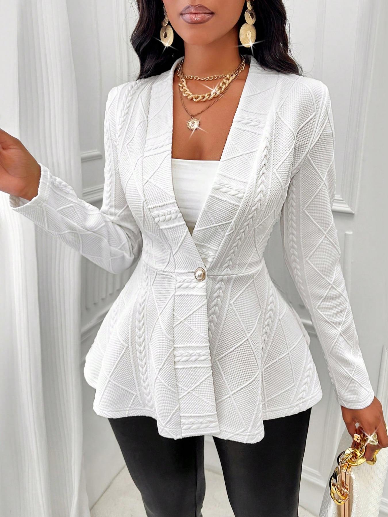 Women's Textured Faux Pearl Button Peplum Hem Coat Long Sleeve V Neck Fall Outerwear Elegant Design Pearl Accent Detail Daily Wear
