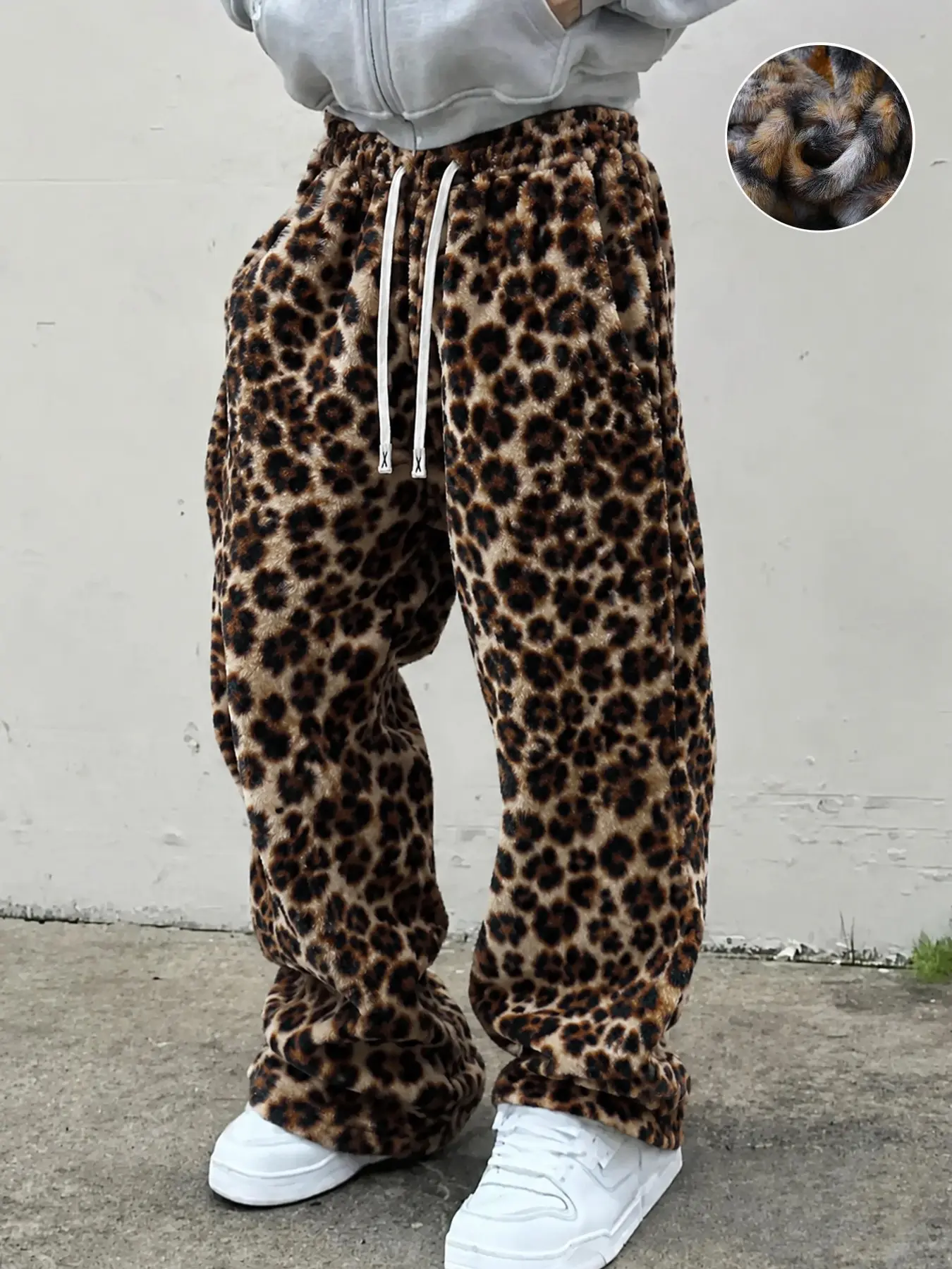 Vintage Leopard Print Fuzzy Loose Sweatpants, Thickened Drawstring Waist, Street Style, Unisex, Perfect for Outdoor Activities