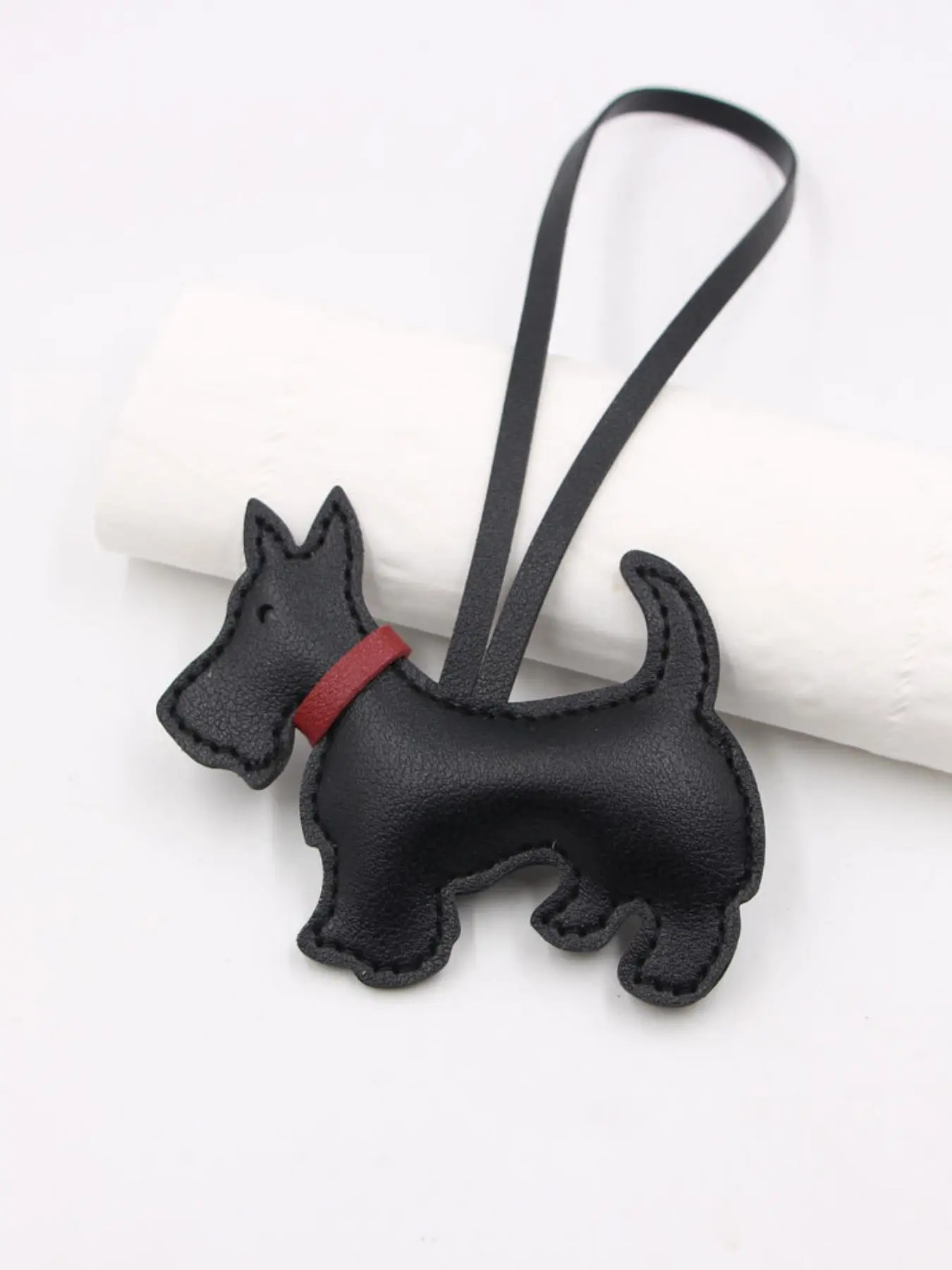 Vintage PU Leather Scottish Terrier Dog Charm, Schnauzer with Red Collar Leather Tag, Thin Black Cord Bag Pendant, Black & White Available, Fits Totes, Handbags, Car Hanging, Minimalist Versatile Commute Animal Accessory, Retro Daily Gift Charm