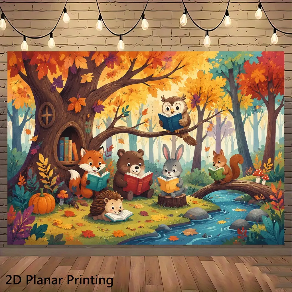 2D Flat Woodland Reading Animals Banner – Cozy Forest Storybook Scene | Single-Sided Polyester | Metal Grommets for Easy Hanging | Perfect for Classrooms, Reading Corners, Libraries, Kids' Rooms, Back-to-School & Photo Backdrops