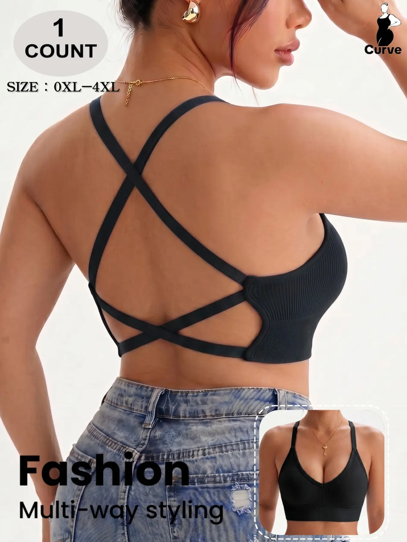 Women's V Neck Back Cross Design Crossover Non Wired Bra, Seamless Ribbed No Pads, Comfortable Stretchy Underwear, Casual Daily Wear Tank Top