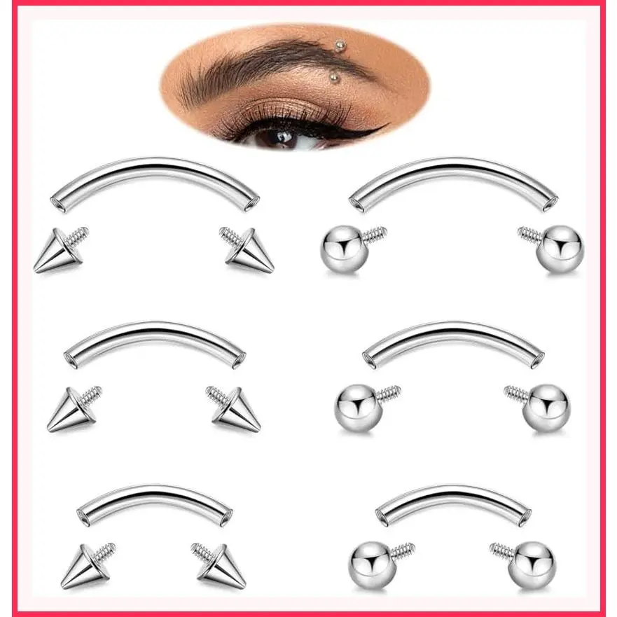 6PCS 16G G23 Titanium Body Piercing Jewelry Set for Women - Curved Barbell Tiny Eyebrow Ring, Vertical Labret, Belly Lip Tongue Ring, Internally Threaded Rook Tragus Daith Earrings, 6/8/10mm