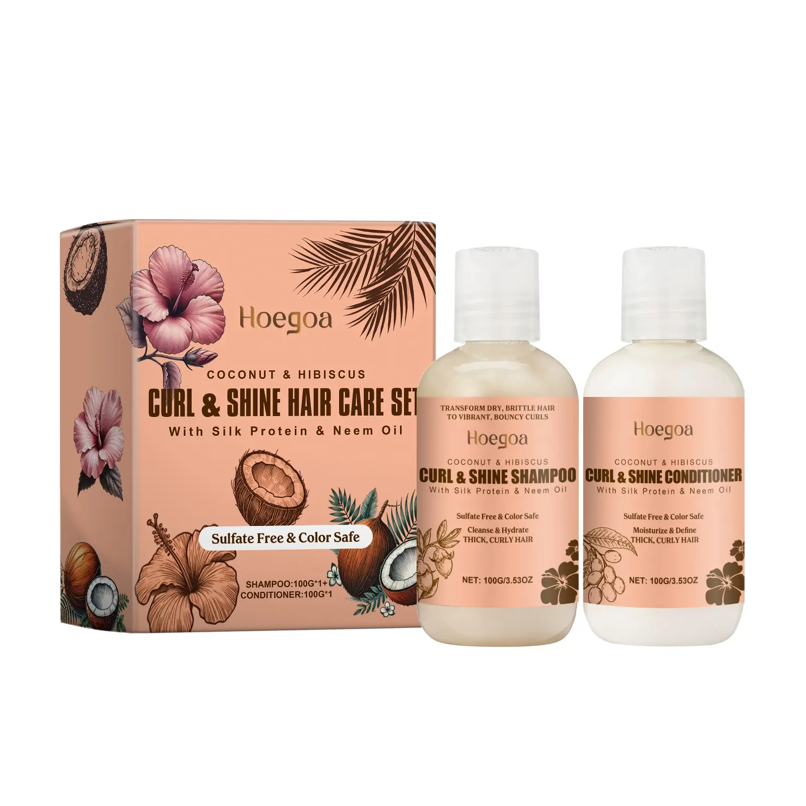 Hoegoa Coconut Shampoo & Conditioner Set, Cleansing & Moisturizing, Boost Volume & Define Curly Hair, Curly Hair Care