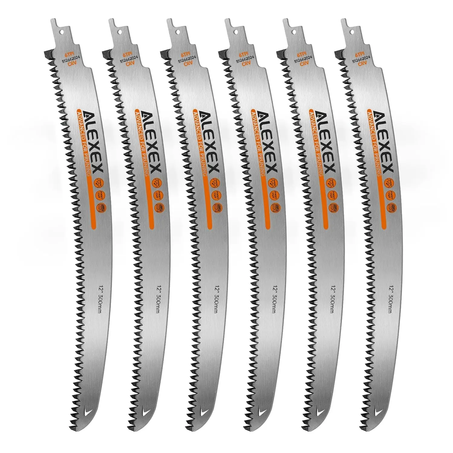 6Pcs 12" Japanese Teeth Reciprocating Saw Blades for Wood Cutting and Tree Trimming, 6TPI Arc Curved Wood Sawzall Blades for PVC Pipe Cutting, Cr-V Sawzall Pruning Blades 12 Inch