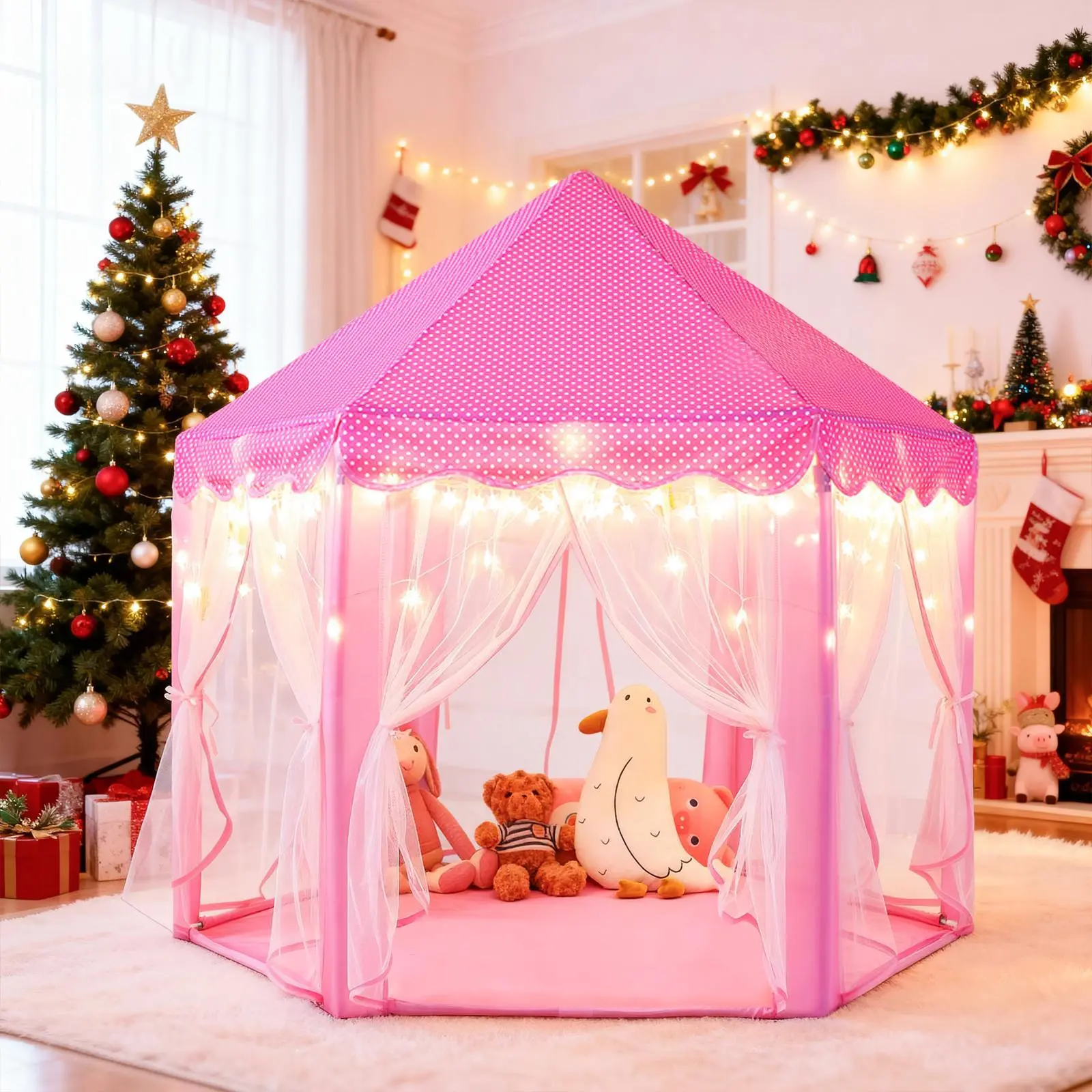 Sumbababy Princess Castle Tent for Girls Kids Play Tent Hexagon Playhouse with Fairy Star Lights for Girl Toys Indoor Outdoor Game Fun Perfect Chirstmas Gifts for Children or Toddlers