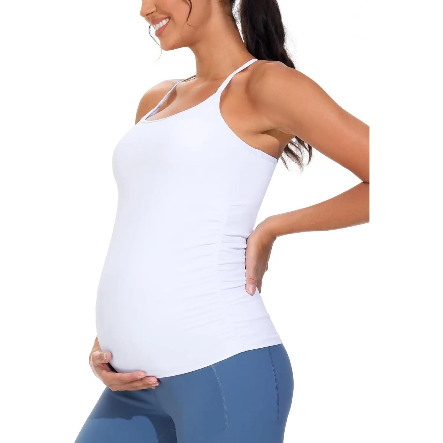 Women's Maternity Tank Tops Padded Pregnancy Workout Shirts | Ruched Sides, Removable Pads, Spaghetti Racerback, Soft Maternity Clothes, Sleeveless, Stretchy, Breathable for Yoga