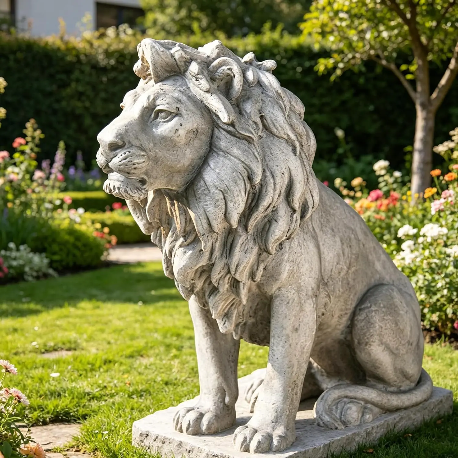 Garden Outdoor Statues Lion Statue – 20Inch Garden Decor Statue Antique Lion Stone with Long Hair Outdoor Indoor Figurine  Decoration for  Décor Patio Yard 20 * 9.5 * 19.5 inch