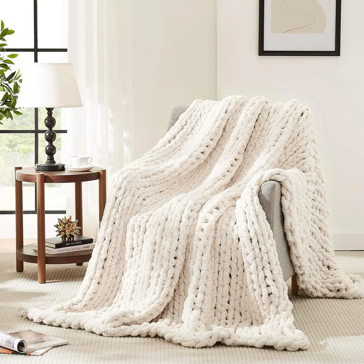 Chunky Knit Blanket Throw,Soft Chenille Yarn Throw Blanket 50x60,Handmade Cable Knit Crochet Blanket,Large Knit Blankets Chunky Yarn,Rope Knot Throw Blanket for Couch Sofa Bed Home Decor