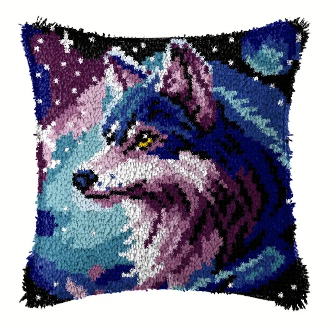 latch hook kits for adults Latch Cushion pcs, Beautiful Wolf King pattern pre-print Pillowcase, for or Beginners Adults to Knott, DIY Latch Hook pcs, 43cm x 43 cm/17inx17in( Wolf King )