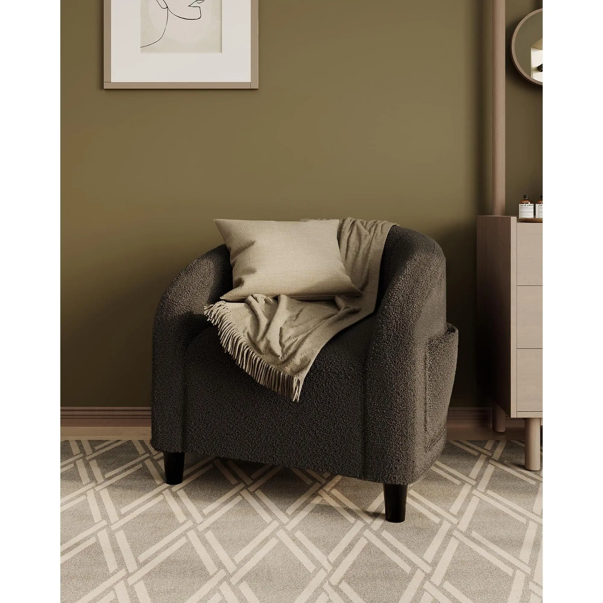 Boucle Accent Chair Cozy Round Back Teddy Fabric Side Pocket for Bedroom Living Room Dressing Area Modern Easy Assembly