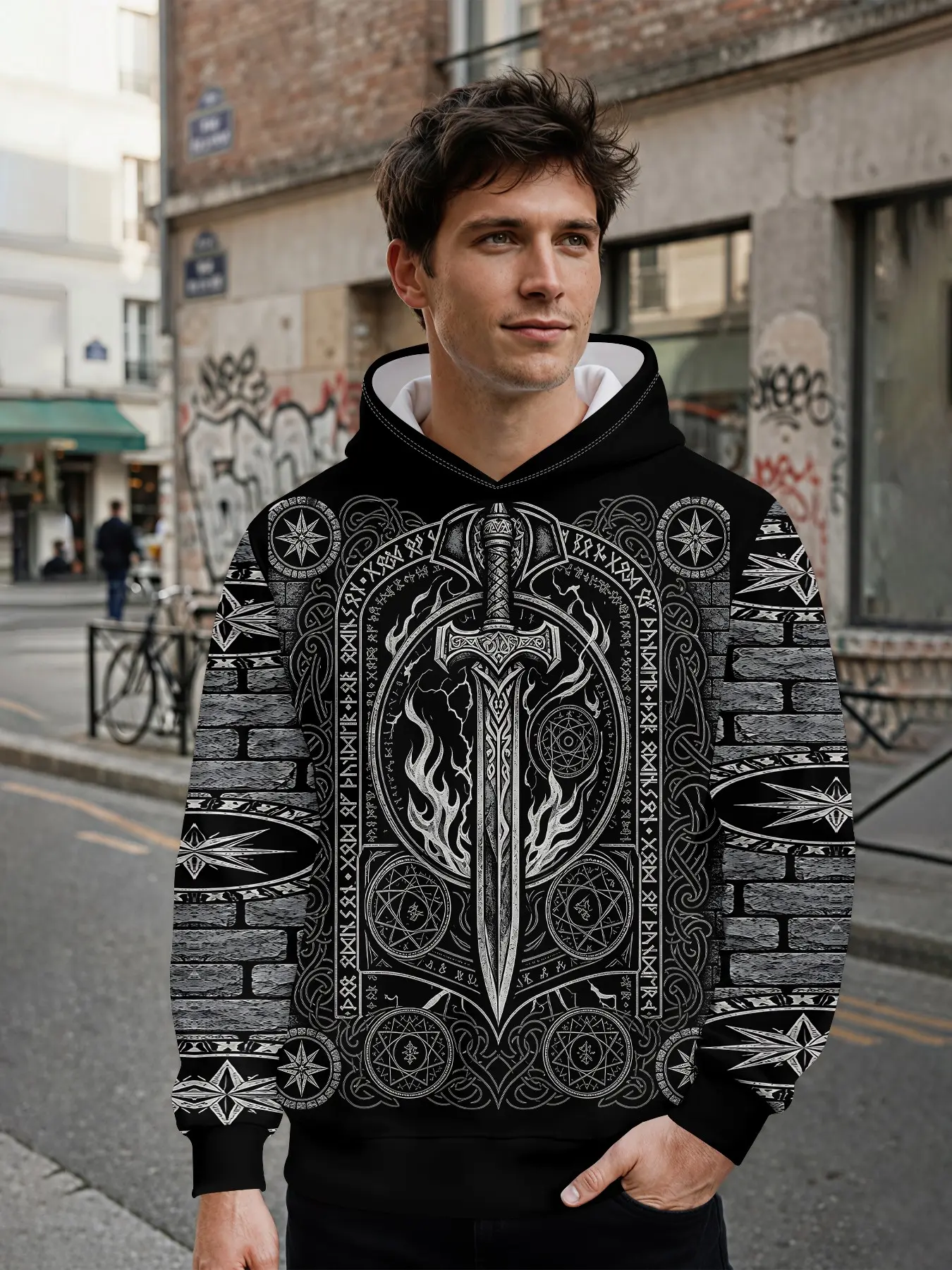 Men's Hoodie, Long-Sleeve Casual Fashion Hooded Jacket with 3D Digital Print for Men, Retro Brand Top Printed with Vintage Celtic Sword Patterns, Eye-Catching for Daily Streetwear and Music Festival Outfits, an Ideal Holiday Gift for Men