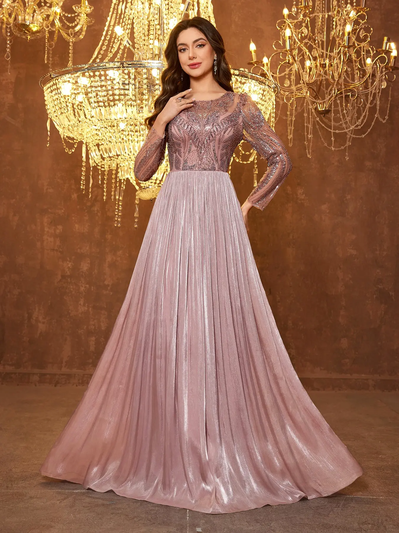 Elegant Long Sleeve Chiffon Dress, Plain Surface, All Seasons, Elegant Style, Formal Party Evening Event Gown, Random Cut Flower Pattern