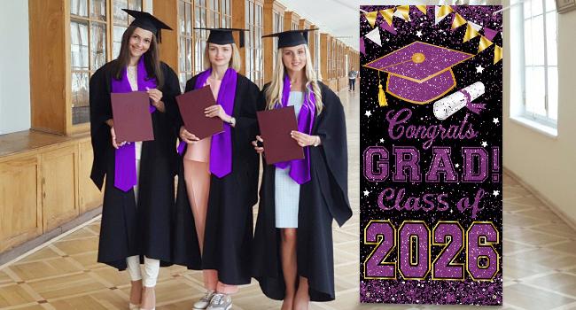 73 x 36 Inch Congrats Grad Class of 2026 Sign Banner Door Cover, Graduation Party Decorations, Large Front Door Porch Sign Backdrop for Wall Indoor Outdoor Photo Booth Props Party Supplies (Purple)