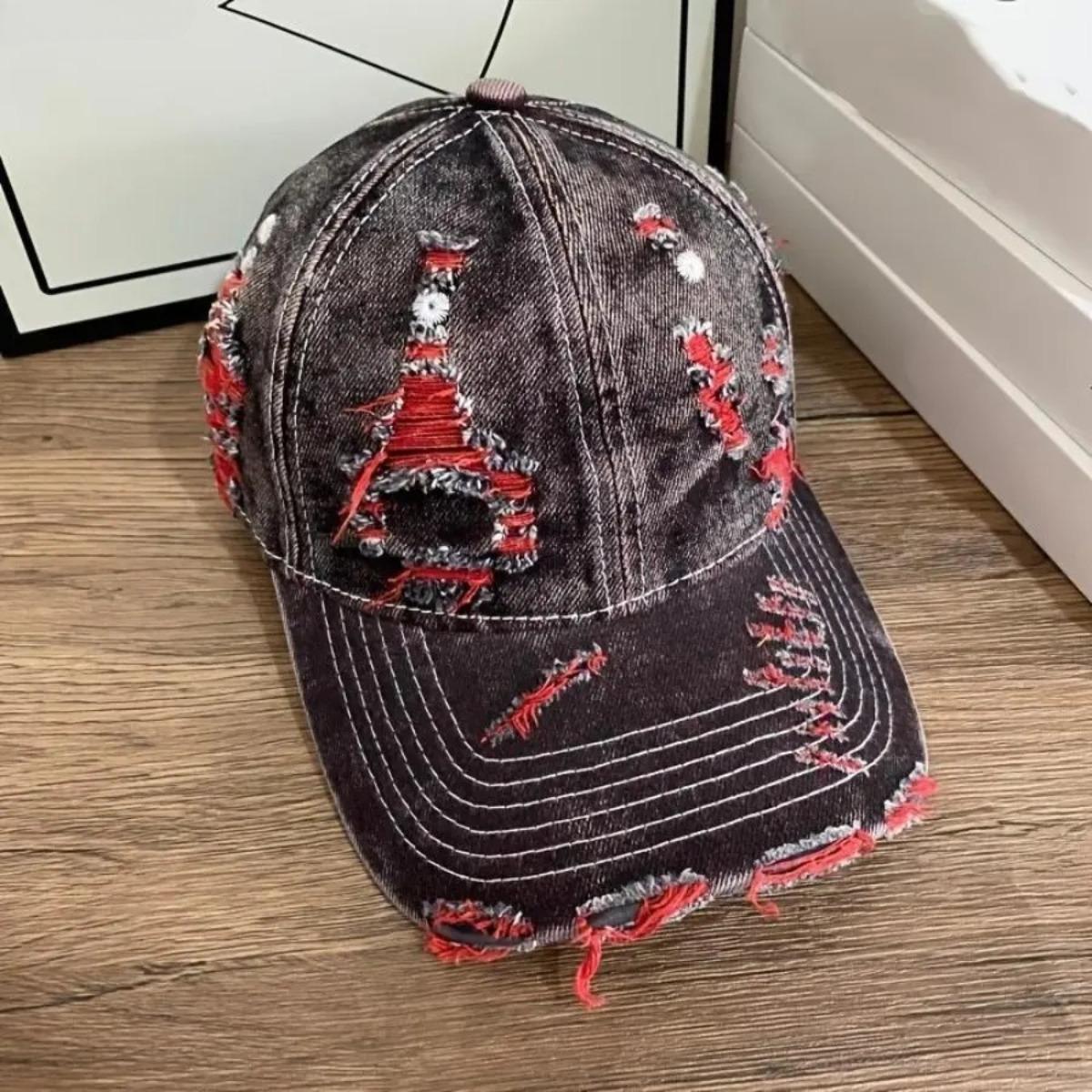 Unisex Distressed Washed Baseball Cap – Vintage Denim Style (with pink and frayed details), Adjustable Snap Back (Suitable for outdoor travel and casual streetwear), Unisex Comfortable Washed Cap (Ideal Gift) – Available in Multiple Colors