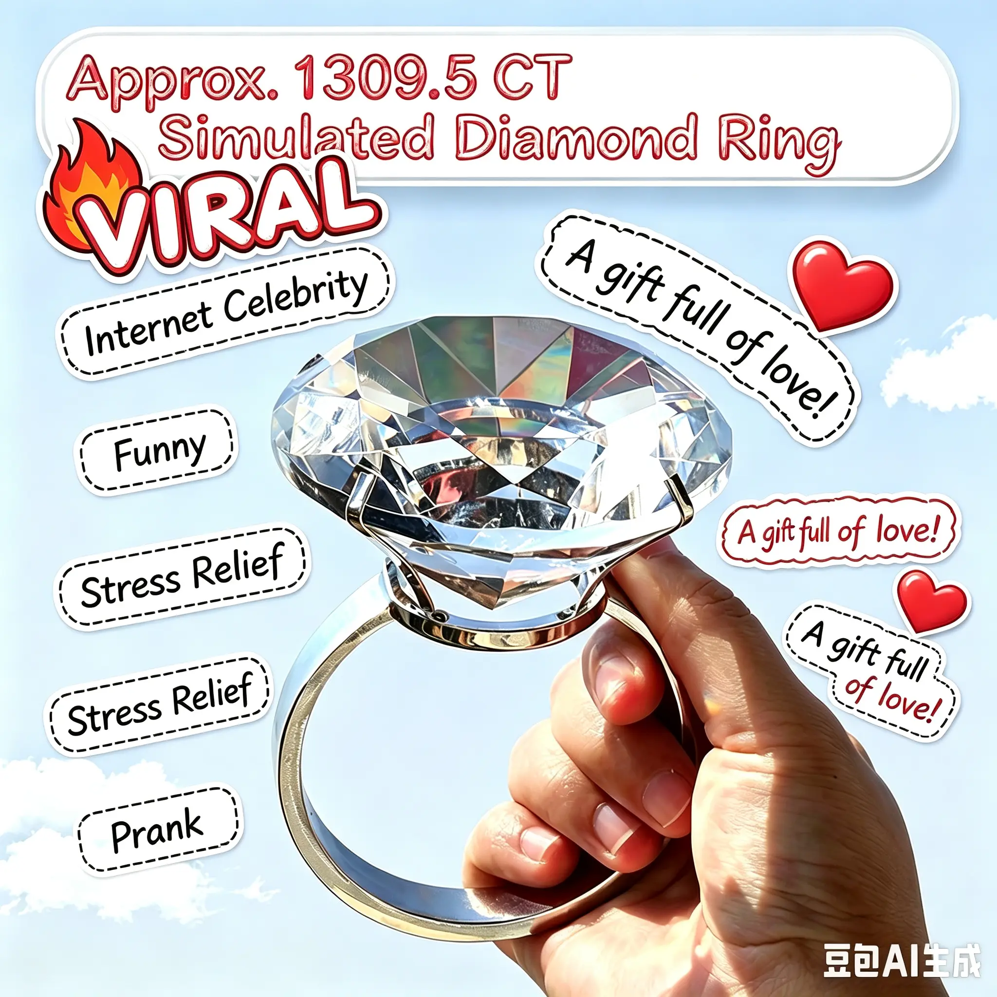 Giant Zircon Spinner Anxiety Ring for Men Women, Must-Have Prop for Live Streamers & Short Video Creators, Promise Ring, Engagement Ring, Perfect Birthday & Anniversary Surprise Gift for Girlfriend Wife Friends, Viral Traffic Booster Fun Prank Jewelry