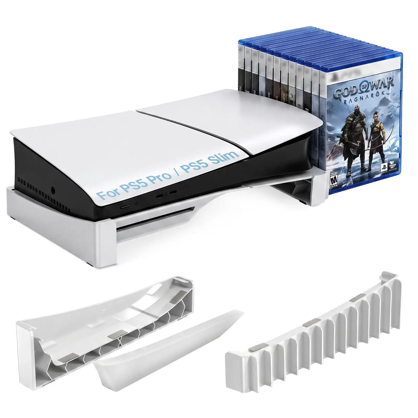 Horizontal Console Stand with 12 Organized Game Disc Slots, Sturdy Durable ABS Anti-Slip Base, Space-Saving Cooling Storage Rack, Compatible with PS5 Slim and Pro Disc & Digital Editions, Gaming Room TV Stand Organizer