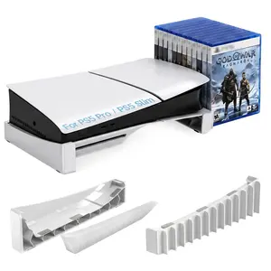 Horizontal Console Stand with 12 Game Disc Slots, Sturdy Durable ABS Anti-Slip Base, Space-Saving Cooling Storage Rack, Compatible with PS5 Slim and Pro Disc & Digital Editions, Gaming Room TV Stand Organizer