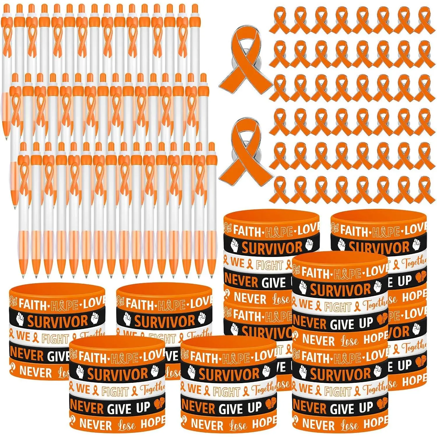 150 count Orange Ribbon Awareness Accessories Include 50 Ribbon Pen 50  Bracelets 50 Pins for Kidney Cancer Leukemia Multiple Sclerosis  Awareness Month Advocates Events Gifts