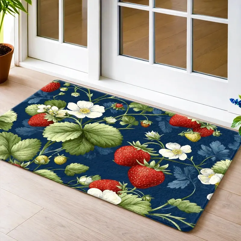 Flannel Floor Mat, Flannel Strawberry Floral Non-Slip Floor Mat, Rubber Base, Durable, Stain-Resistant, Machine Washable Doormat, Universal Indoor and Outdoor Entrance, Kitchen, Bedroom, Bathroom, Balcony, Corridor, Porch, Bedside Rug, Living Room, Office
