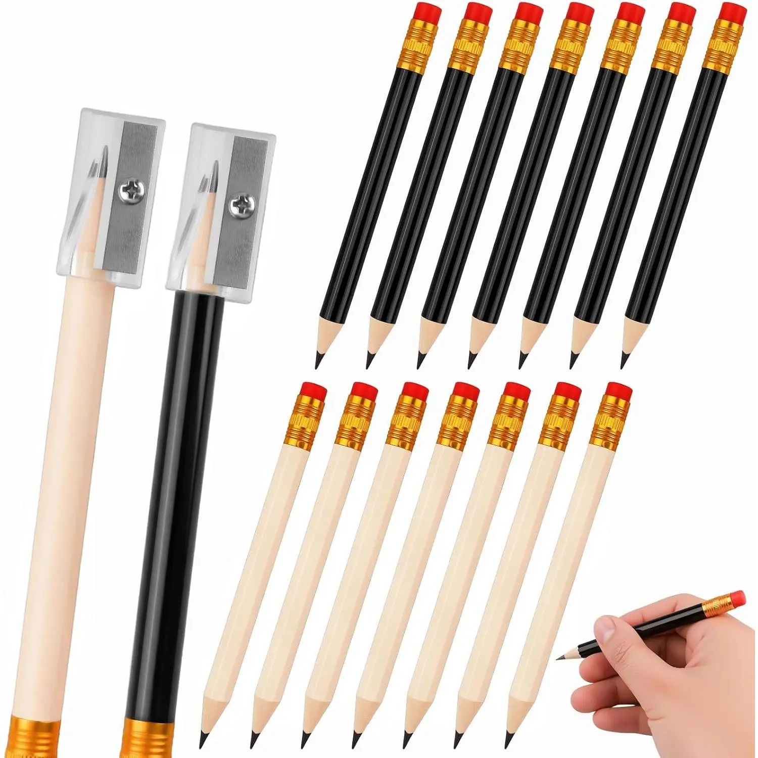 16 Pcs Golf Pencils Bulk - 14 Pre-Sharpened Mini Pencils (7 Black + 7 Natural Wood) with 2 Acrylic Sharpeners | Baby Shower Bridal Shower Pencil & Mall Half Pencil