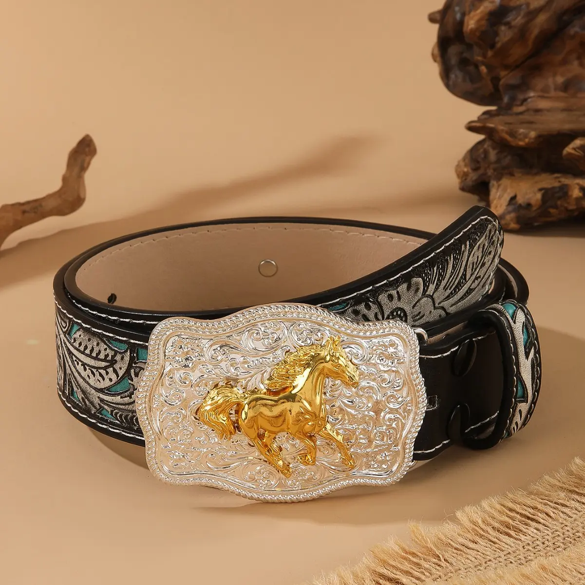 Western Cowboy Floral Embossed PU Leather Belt, 3D Galloping Horse Oval Buckle, Vintage Rodeo Wide Belt Unisex for Country Jeans & Cowgirl Outfits