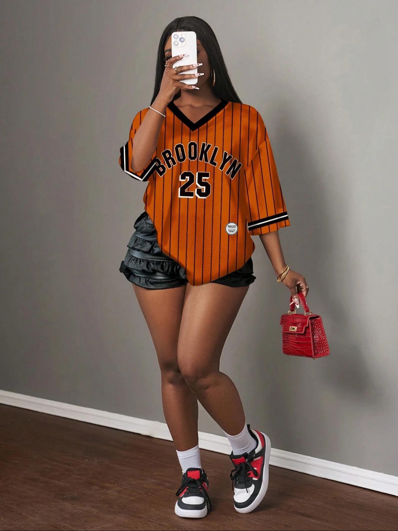 Women's Y2K Casual Simple Letter Brooklyn Graphic Print T-Shirt, Breathable Mesh Sports Ball Jersey, Streetwear Daily Wear Top, Athletic Sports Clothing