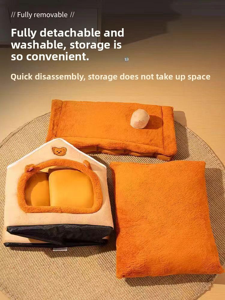 All-Season Warm Enclosed Cat House Villa Washable Removable Cover Cozy Pet Nest Warm Cave Bed for Cats Small Dogs