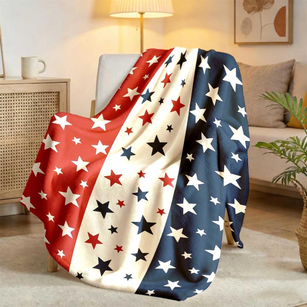 1pc A Patriotic Fleece Blanket Featuring The American Flag with A Star-Spangled Design in Red, White, and Blue. It'S A Soft and Cozy Throw Suitable for Decorating Your Living Room or Bedroom