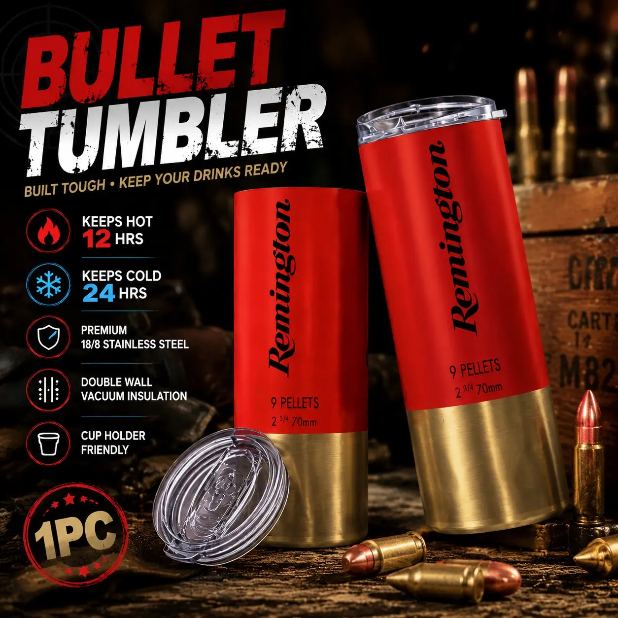 1PC Bullet Style Insulated Coffee Tumbler with Lid, Red Shotgun Shell Print Stainless Steel Travel Mug, Double Wall Vacuum Insulated Cup, Keeps Hot 12H Cold 24H, Car Cup Holder Friendly, Gift for Men, Office, Travel, Outdoor, Christmas Birthday