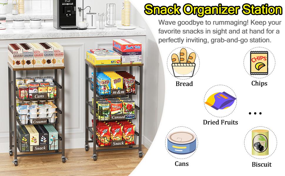 4-Tier Small Kitchen Storage Cart on Wheels, Metal Fruit Basket Stand with Pull-Out Baskets & Wood Top for Potato Onion Produce Snack Veggies